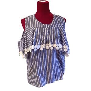 Lola B cold  Shoulder Blue stripped cotton top Sz M